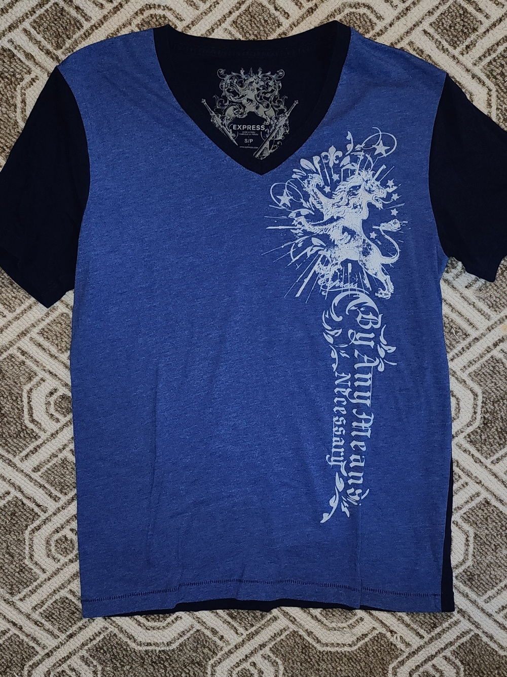 Express Men's Blue V-Neck Tee with Black Sleeves & White Graphic
